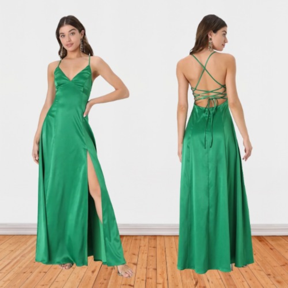 Lulus‎ Enchanting Appearance Emerald Kelly Green Satin Lace-Up Maxi Dress XS